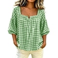 thumbnail image 2 of Yrmaups Women Plus Size Square Neck 3/4 Sleeve Blouse, Loose Fit Button Plaid Top, Soft Casual Tee for Summer Office Daily Wear, Green S, 2 of 5