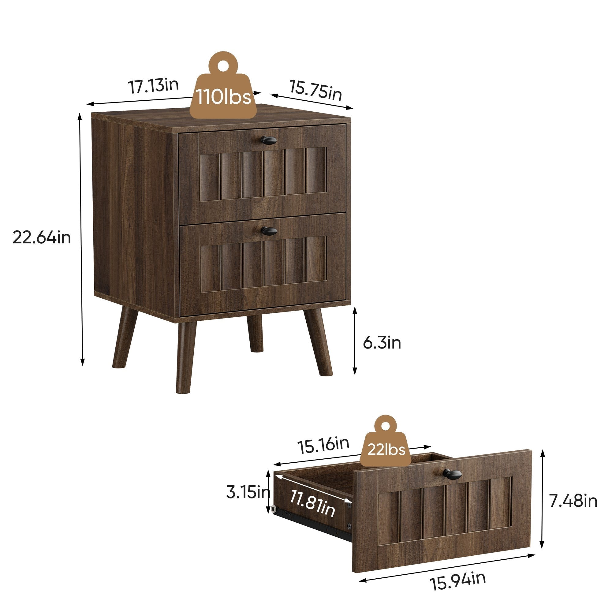 Sailvan Mid-Century Modern Double-Drawer Bedside Table 2-Pack, Walnut with Solid Wood Legs