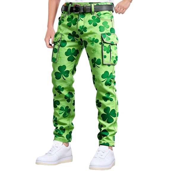 CONZONE St. Patrick's Day Mens Baggy Cargo Shorts Green Clover Graphic Buttons Cargo Pants for Men Lightweight Relaxed Fit Streetwear Workout Trousers With Pockets