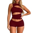 thumbnail image 3 of Arlun Women's 2 Piece Outfits Sleeveless Crew Neck Cut out Crop Top Bodycon Shorts Set Y2k Solid Color Stretchy Slim Fitted Summer Matching Sets for Night out Club Party Wear Brick Red S, 3 of 6