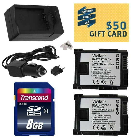 2 BP-827 Replacement Battery + Charger for Canon HF S10 S11 S20 S21 S30 G10 G20 S100 M30 M31 M32 M40 M41 M300 M400 XA10 Camcorders with 8GBSDHC Card + Microfiber Cloth