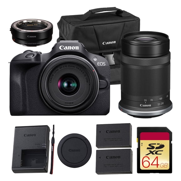 Canon EOS R100 Mirrorless Camera Kit – APS-C RF Camera with 18-45mm & 55-210mm Lenses, 24MP Sensor, 4K Video & Dual Pixel AF (6052C022)   Canon Adapter EF-EOS R   LP-E17 Battery   More