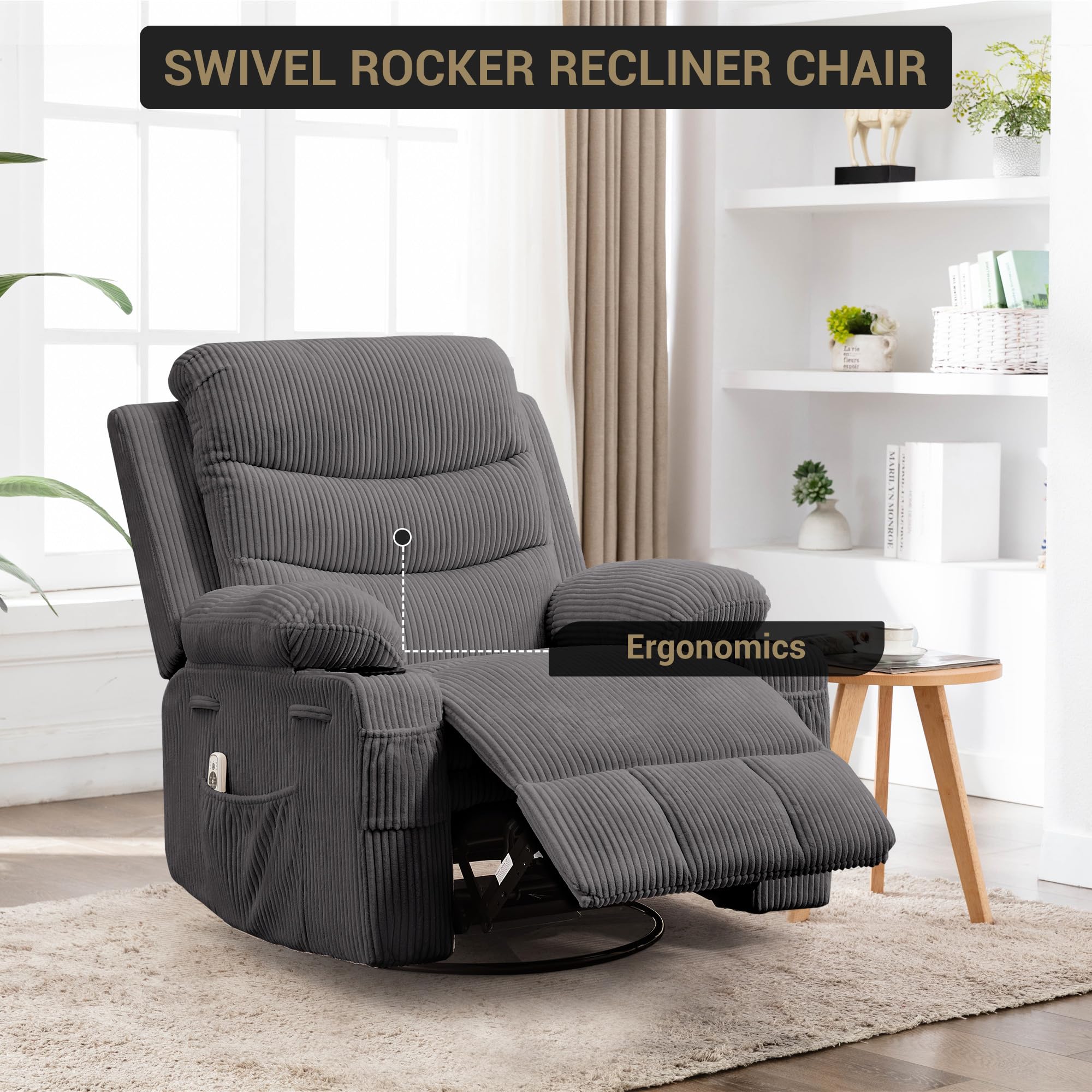 Recliner Chair Nursery, Oversized Manual Reclining Rocking Chair, 360 Swivel Glider with Cup Holder, Massage and Heat Recliner, Indoor Small Single Sofa Chairs for Adults RV Bedroom, Beige/Grey/Brown