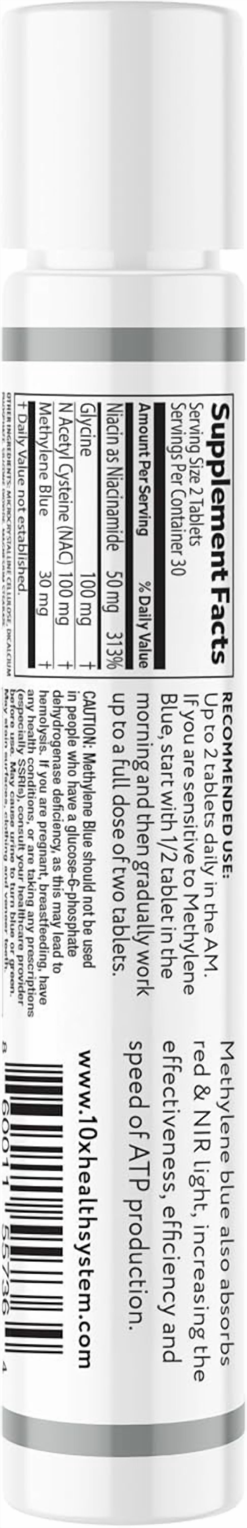 10X Health Pharmaceutical Grade Methylene Blue Tablets with Glycine, NAC, & Niacinamide, 60 Tablets