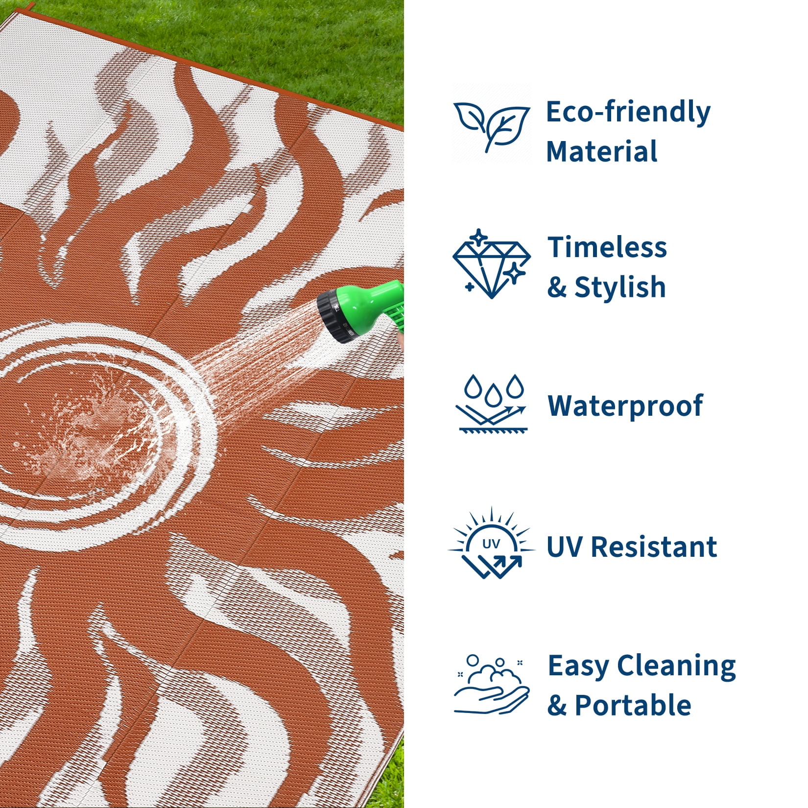 Garvee 8x10ft Outdoor Rug Waterproof Reversible Plastic Straw Rug, Modern Boho Sun Pattern Rug, Large RV Camping Mat Portable Outdoor Carpet for Patio, Balcony, Picnic, Beach, Deck, Red/White