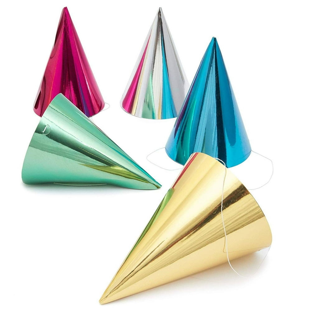 50 Pack 5 Assorted Colors Foil Design Party Cone Hats for Kid Birthday Party