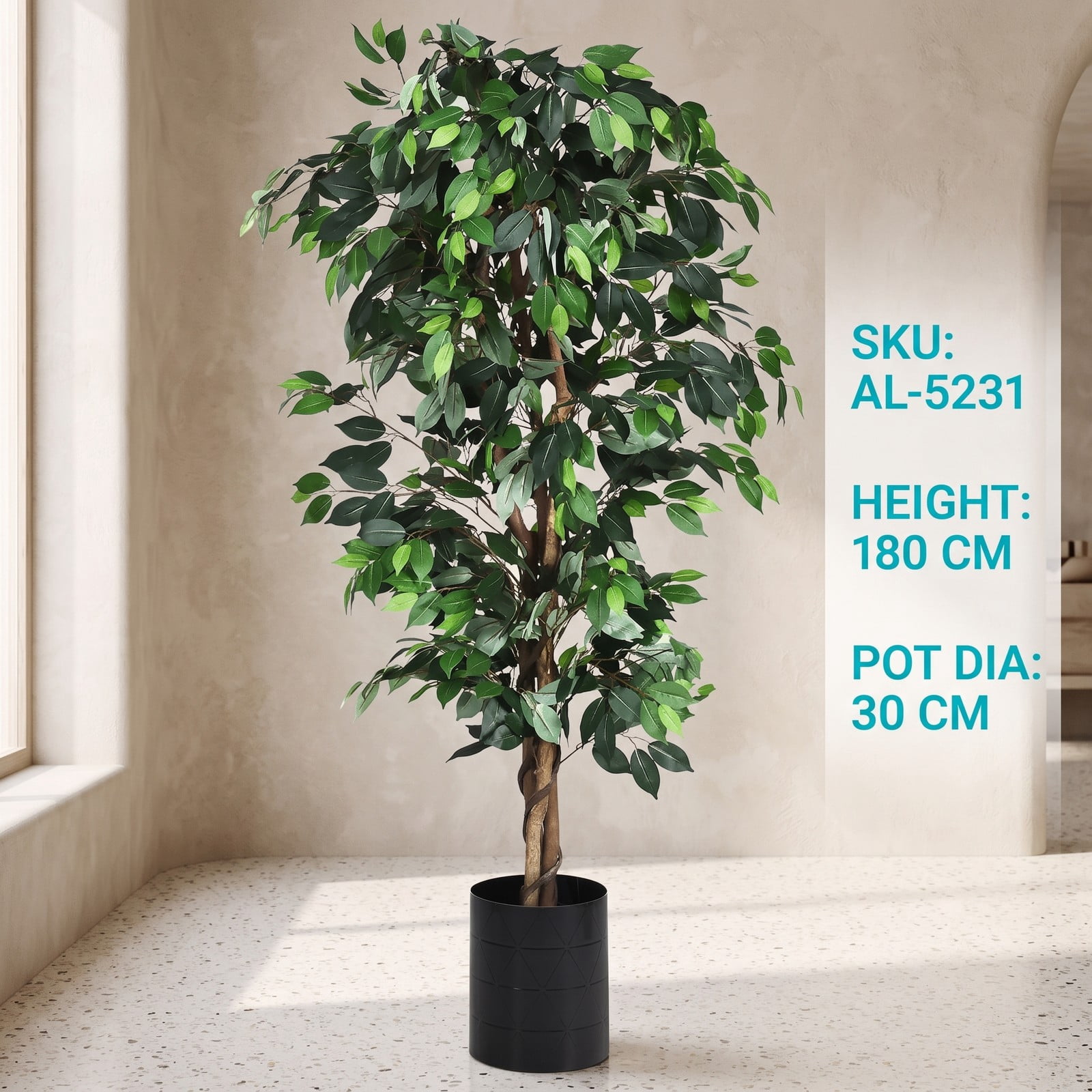 ALPULON 6 Feet Artificial Ficus Silk Tree, 71 Inch Faux Ficus Plant with 1008 Leaves and Cement Base Paper Pot for Home Office Entryway Living Room Decor, Green