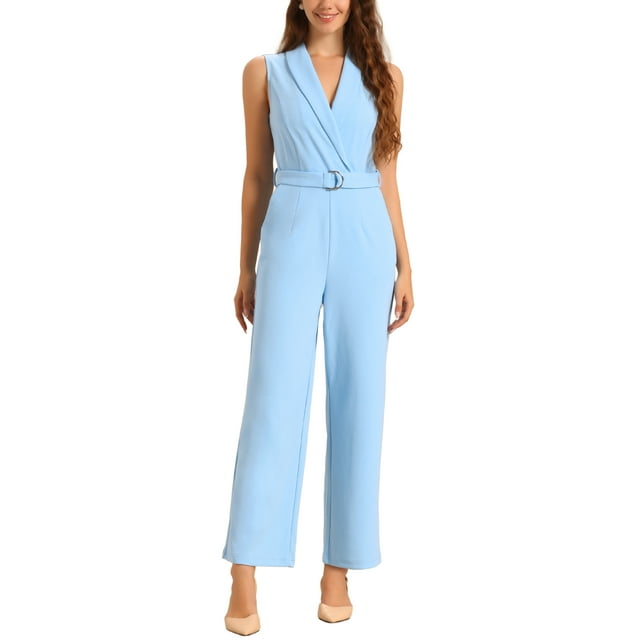 INSPIRAR CHIC Mono Corto Sin Mangas con Solapa para Oficina con Cinturón L Azul Cielo