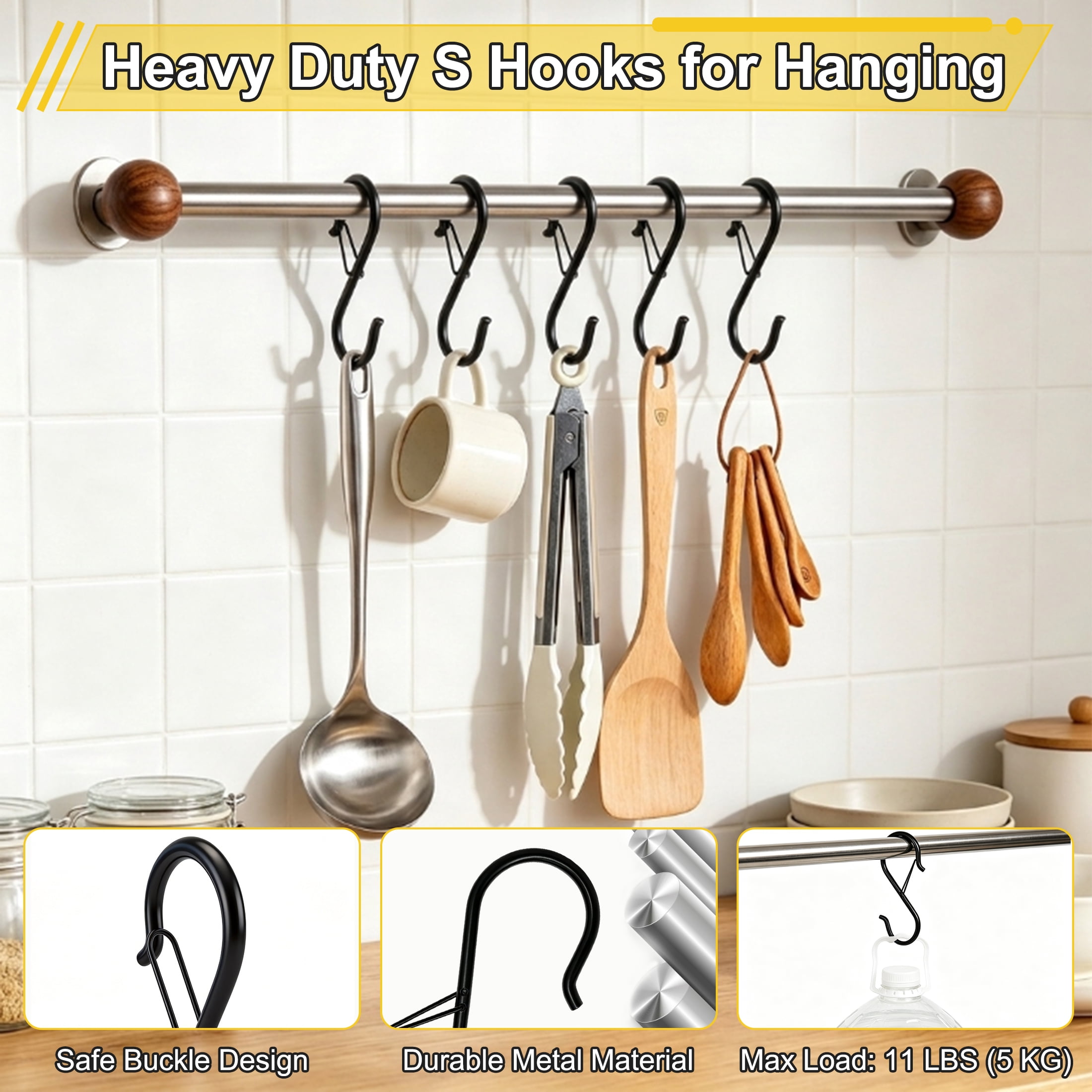 GARITIN 30 Pack S Hooks with Safety Spring Buckle, Heavy‑Duty Metal S‑Hooks, S Hooks for Hanging Plants, Kitchen Utensils, Towels