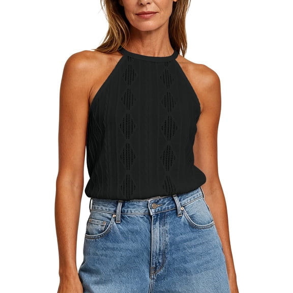 Molidfa Women's Halter Sleeveless Breathable Regular Fit Solid Eyelet Lace Crochet Camisole Top Summer Beach Vacation