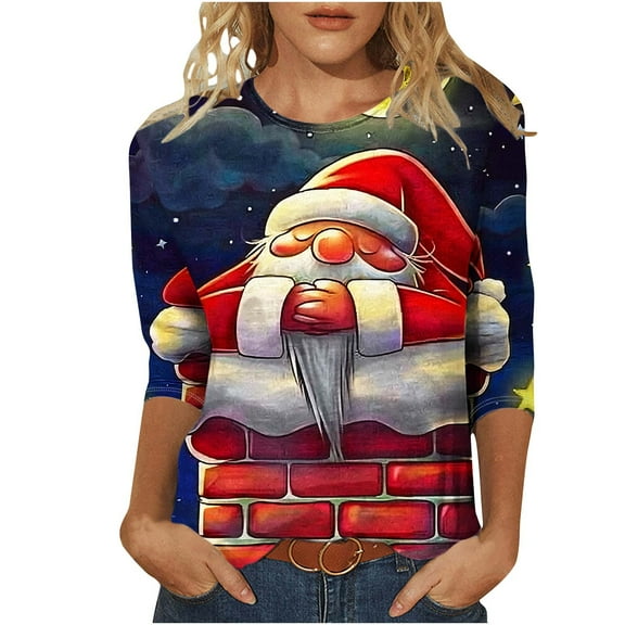 Giftesty Christmas Shirts for Women Fashion Women's Casual Christmas Print Round Neck 3/4 Sleeve T-Shirt Top Blouse