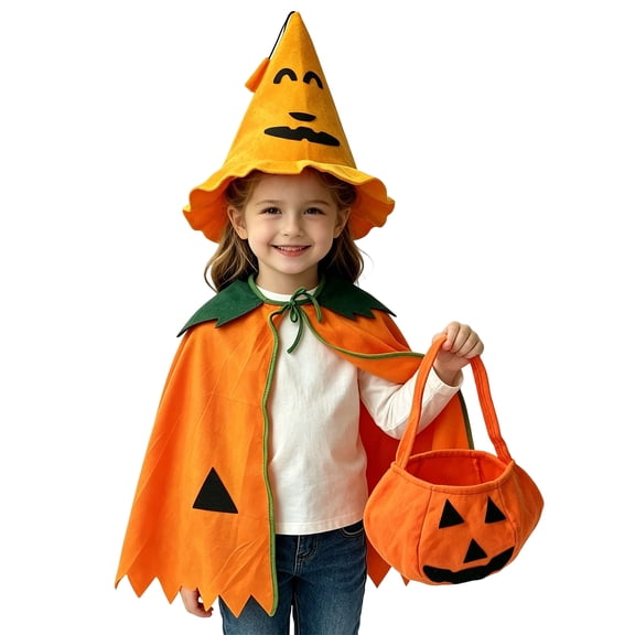 Halloween Cosplay, Halloween Costume, Halloween Outfit, Pumpkin Cape Costume Set Orange Cloak With Hat and Candy Bucket Halloween Pumpkin Outfit for Holiday Celebration, Orange One Size