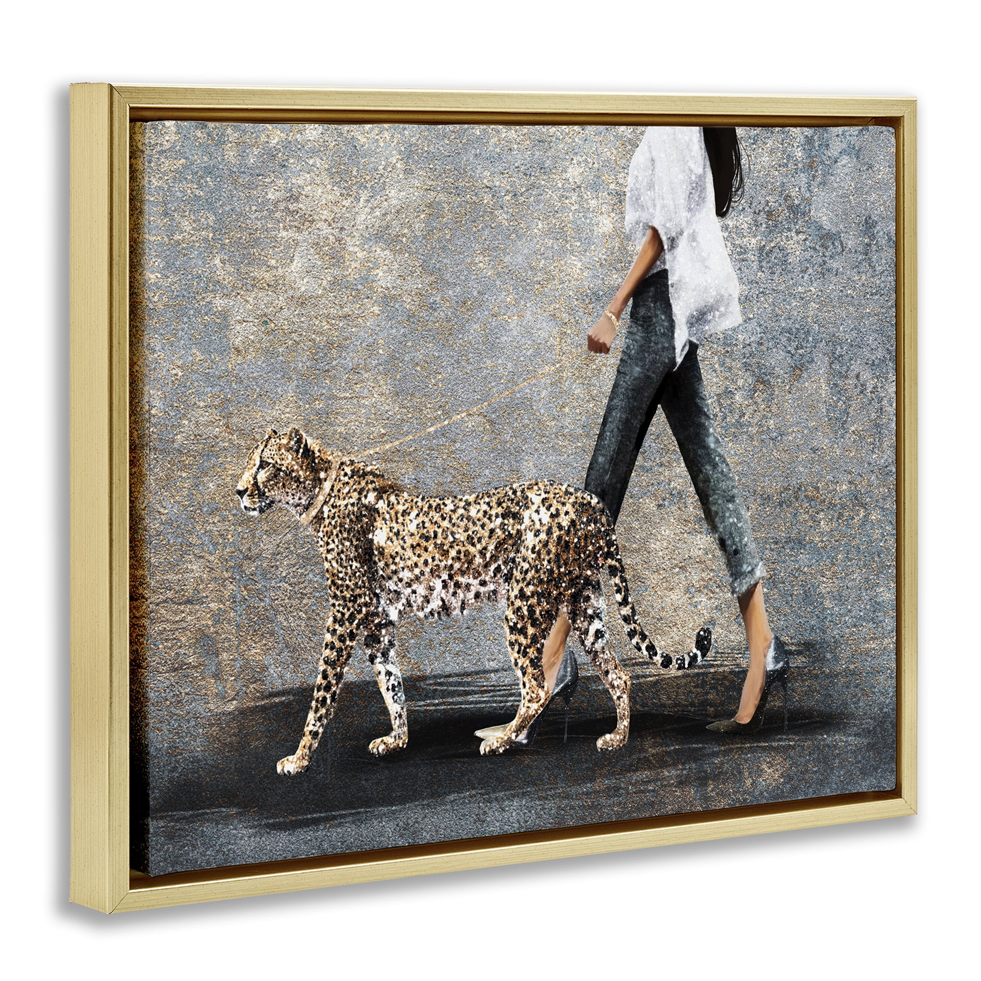 Stupell Industries Trendy Woman with Leopard People Painting Gold Floater Framed Canvas Art Print Wall Art, 21 x 17