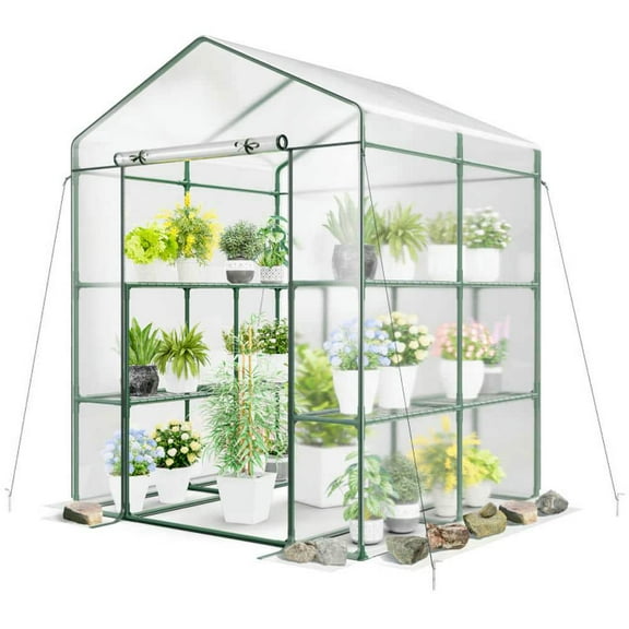 Spaco Walk-in Greenhouse with 3 Tiers 8 Shelves PVC Cover Roll-up Zippered Door, Walk-in Greenhouse for Outdoor, Transparent