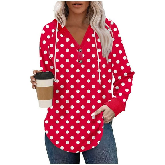 Womens Hooded Fall Clothes, Hoodies for Women Drawstring Casual Dots Printed Button Up V Neck Long Sleeve Pullover