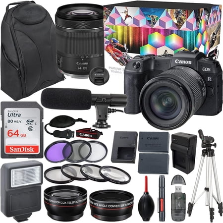 Camera Bundle for Canon EOS RP Mirrorless Camera with RF 24-105mm f/4-7.1 IS STM Lens + Shotgun Microphone and Video Kit Accessories (64GB  Tripod  Flash  and More)