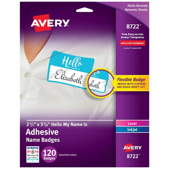 Avery Flexible Name Tags, 2-1/3" x 3-3/8", Assorted, 120 (08722)