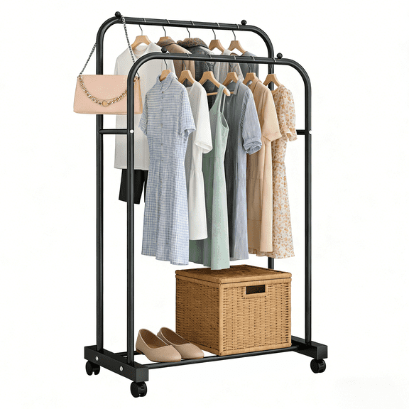 GARITIN Clothes Rack, Garment Rack, Rolling Heavy Duty Double Rod Clothing Rack with Wheels, Portable Closet Rack for Hanging Clothes for Bedroom, Laundry, Entryway, Black
