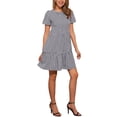 thumbnail image 2 of Vestido corto de manga corta con estampado de cuadros para mujeres, cuello redondo, cintura alta, vestido casual en capas, negro, 2 of 5