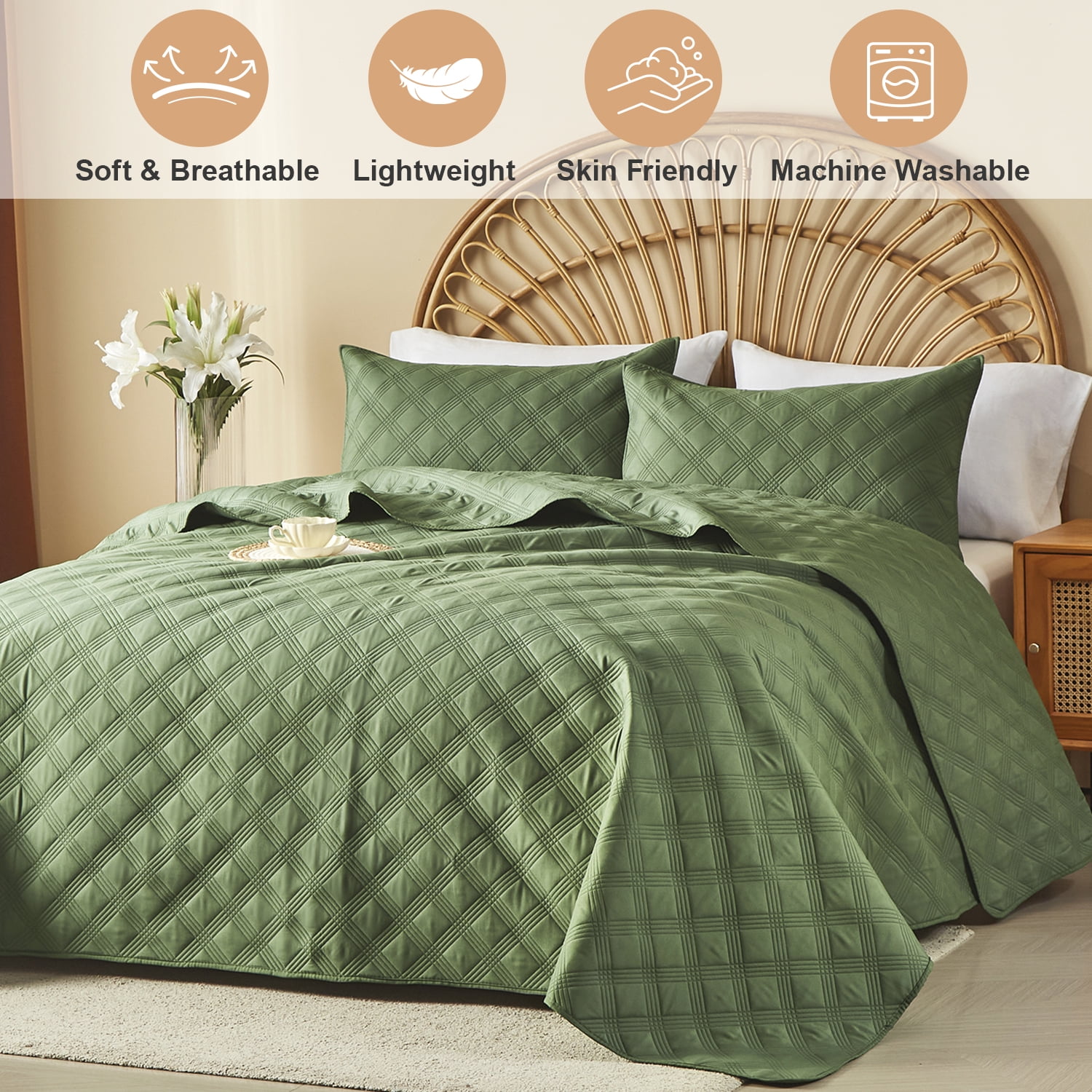 Davulos Reversible Twin Quilt Bedding Set with Pillow Sham Lightweight Quilts Twin Size Soft Bedspreads Bed Coverlets for All Seasons(Dark Green, 68"x85")