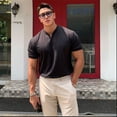 thumbnail image 3 of Summer Men Business Causal T-shirt Beach Fashion Thin Stand Collar Solid Tee V-neck Breathable Fitness Korean Streetwear Tops, 3 of 7