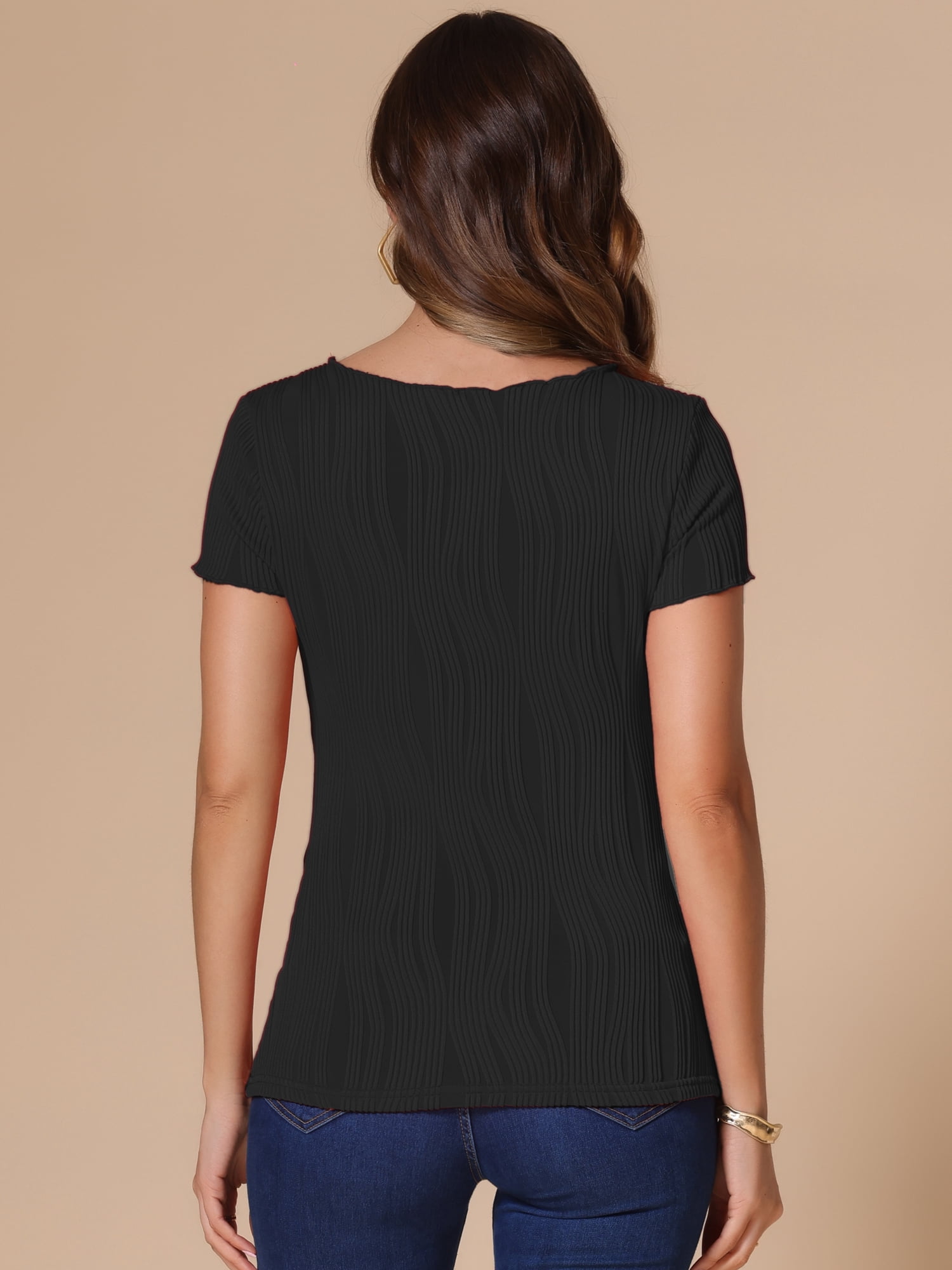 DARING DIVA Women's Crew Neck Knit Short Sleeve Textured Blouse M Black