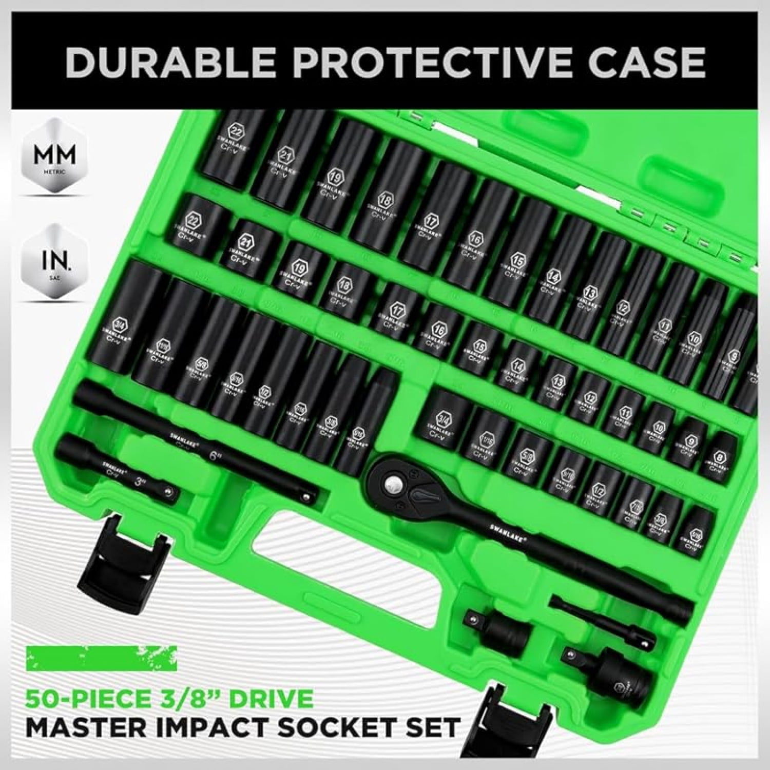 3/8" Drive Impact Socket Set, 50-Piece Standard SAE (5/16 to 3/4 inch) and Metric (8-22mm) Size, 6 Point, Cr-V, 3/8-Inch Ratchet Handle, Extension Bar, Universal Joint
