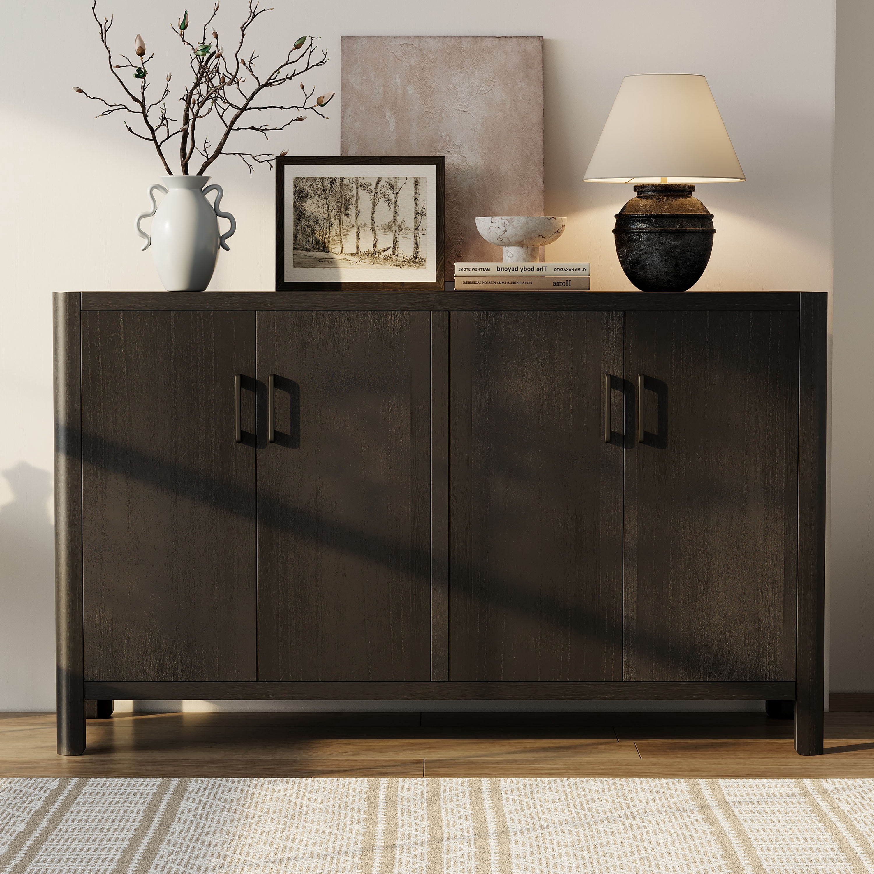 Noble House Farmhouse Style 4-Door Cabinet with Natural Finish,Black