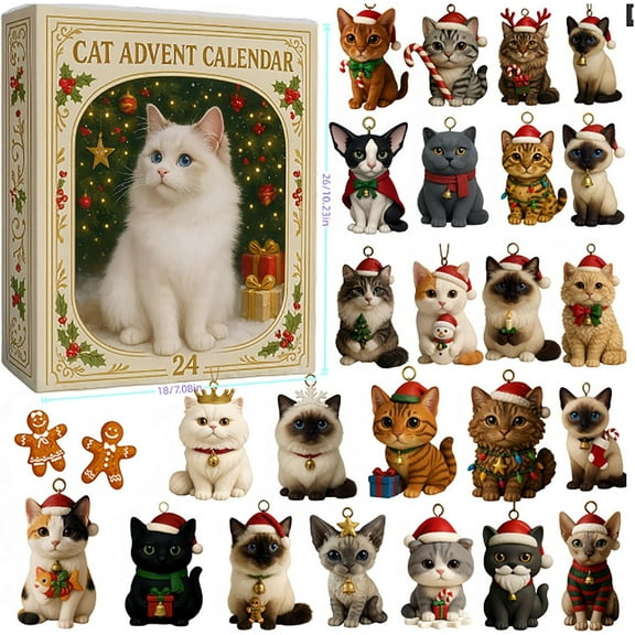 Cat Advent Calendar 2025-24 Days Blind Box Surprise with Acrylic Cat Ornaments, Christmas Tree Decor for Cat Lovers, Cute Kitty Gifts & Collection