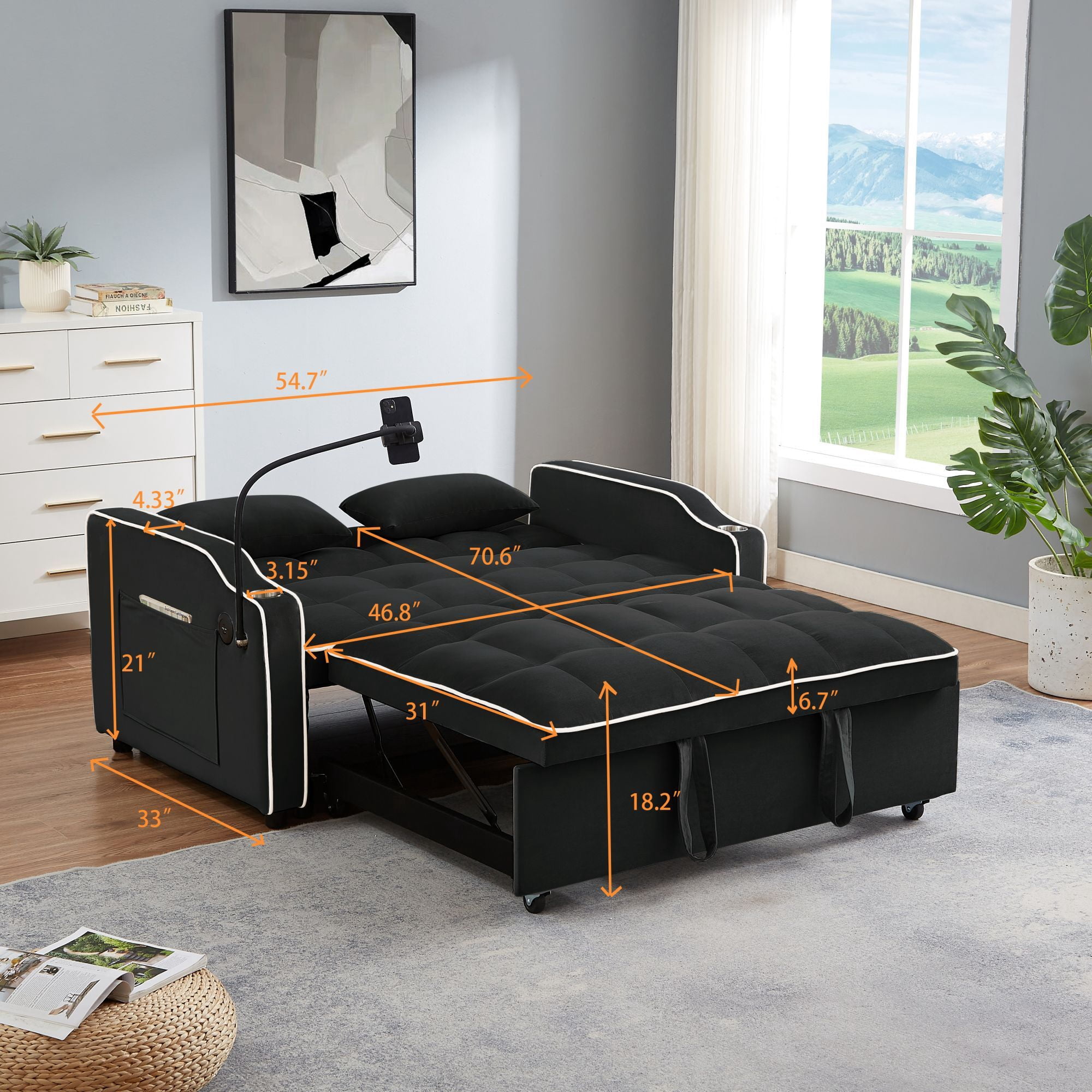 DEALTOPS Pull Out Sofa Bed, Velvet Loveseat Sleeper with Cup Holders, USB Ports and A Phone Stand, Black
