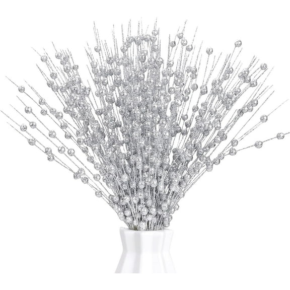Pearl Stick Stems Bouquets, Christmas Glitter Berries Stems，Garland Beaded Spray Filler Floral Arrangements Tree Picks Wedding Party Decoration, Christmas Tree Picks,Silver,10 pack