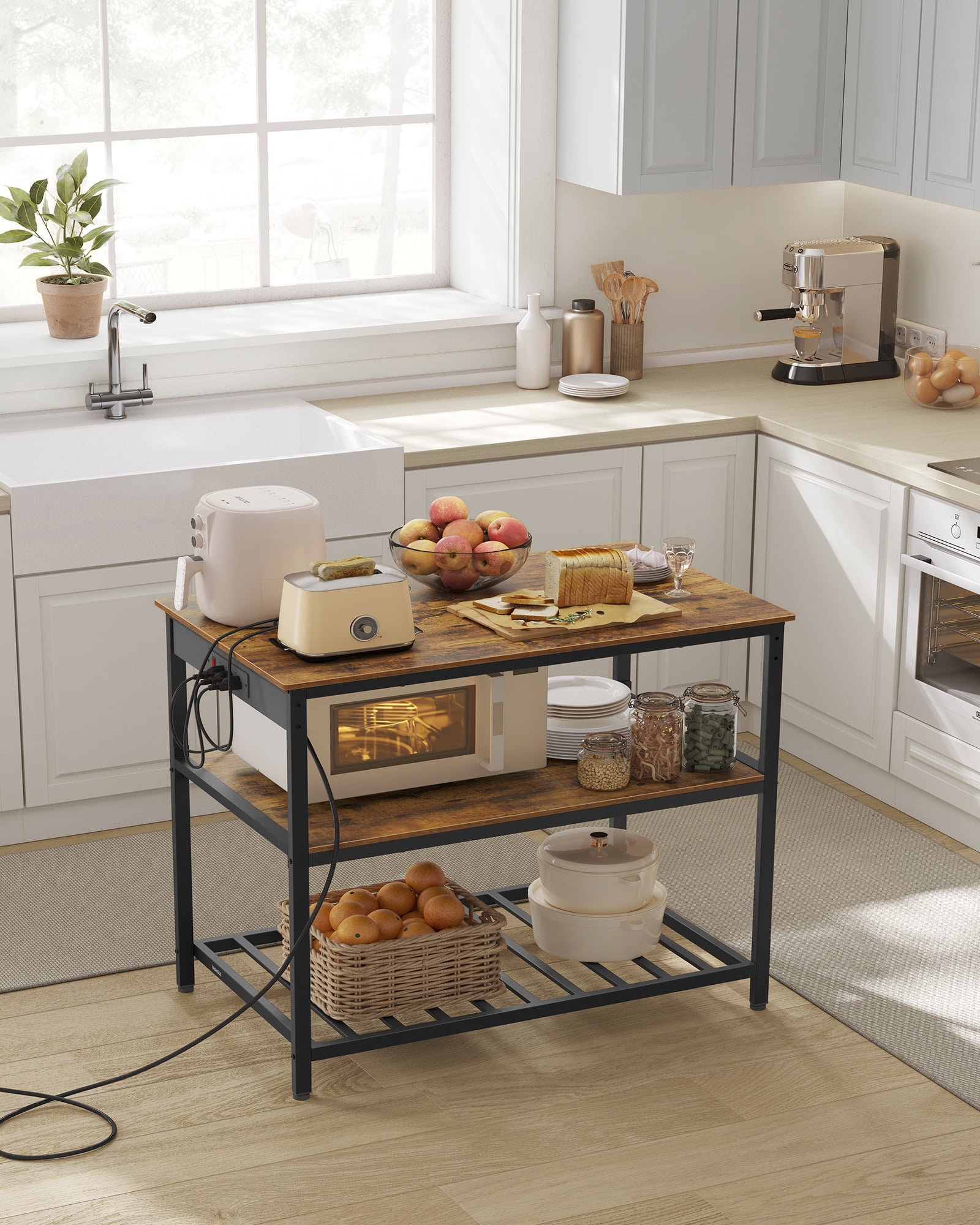 Kitchen Island with 3 Shelves, 39.4 Inches Width Kitchen Shelf with Power Strip, Large Worktop, Stable Steel Structure, Industrial, Easy to Assemble