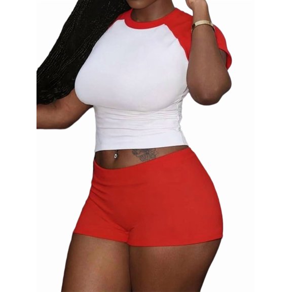 Women's Two Piece Outfits Crew Neck T-Shirt High Waist Solid Color Shirt Shorts Jogger Bodycon Sets Red XS
