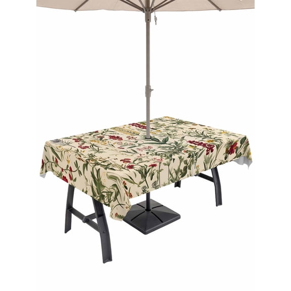 52x70 Inch Outdoor Tablecloth with Umbrella Hole Zipper Rectangle Vintage Plant Rectangular Tablecloths Outside Waterproof Boho Botanical Flowers Green Leaf Ferns Patio Table Cover for Picnic Party