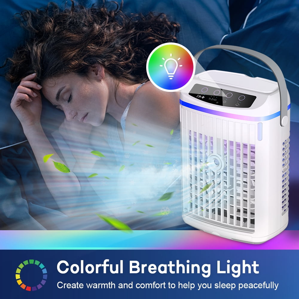 Flaremore Portable Mini Air Conditioner Fan, USB Evaporative Cooler with 3 Wind Speeds, 3 Timers, and Touch Screen Control, for Home, Office, Camping, or Car Use, White