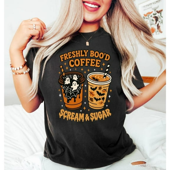 Lively Coffee & Ghost Graphic Tee, Tops Has Centered "FRESHLY BOO'D COFFEE SCREAM & SUGAR" & Coffee - Ghost Design, Round Neck Regular Fit T - shirts, Size(S - 5XL)