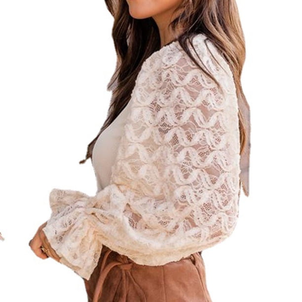 Blusa sexy con cuello en V y manga larga con costuras de encaje hueco para mujer Pompotops FGAJ12699