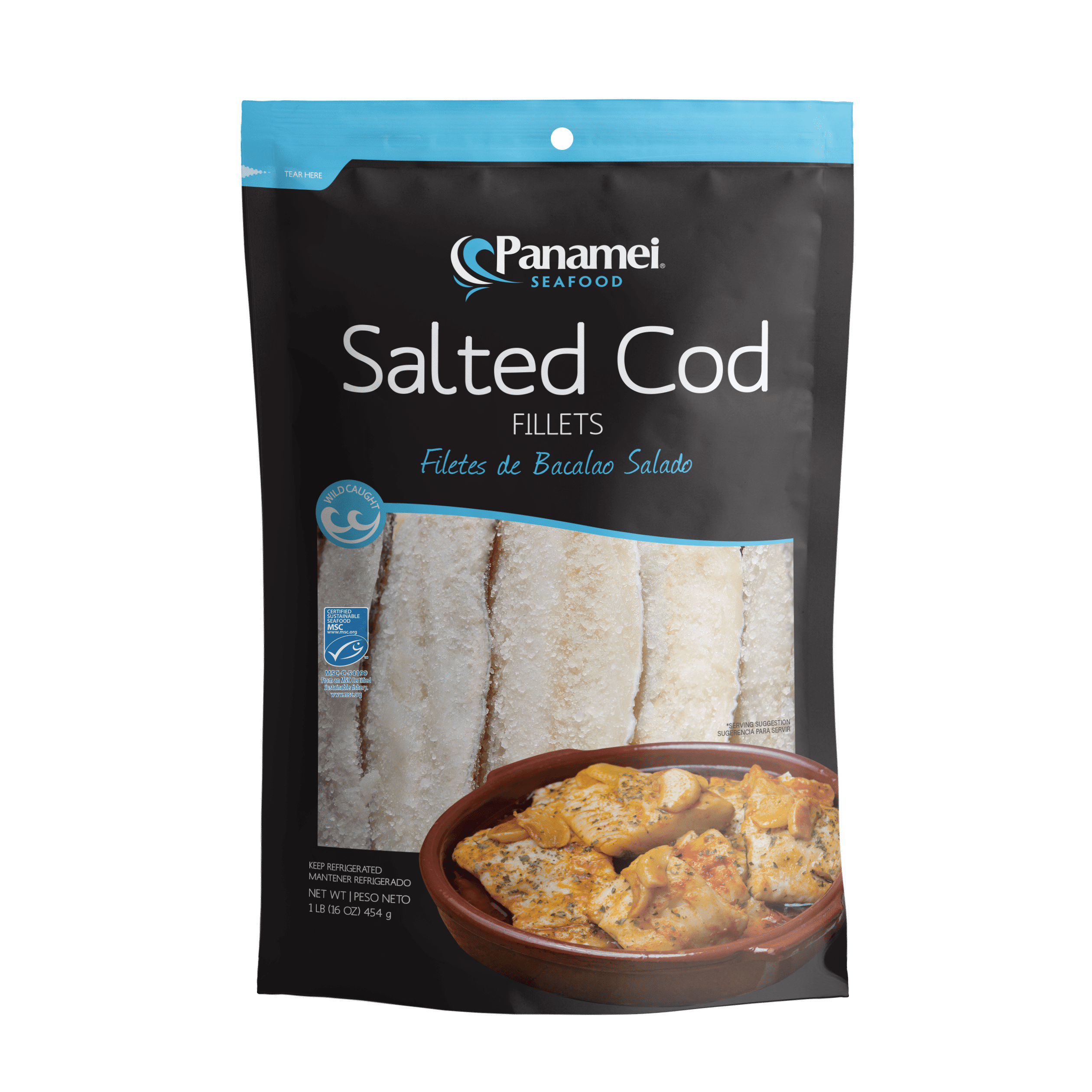 Panamei Salted Boned Skinless, Cod Fillets, 1 lb