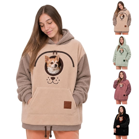 Fleece Pet Pouch Hoodie for Women, Winter Ultral-Soft Warm Cat Hoodie with Pouch, Pet Carrier Sweatshirt for Dogs & Snack Hoodies, Red, XXL