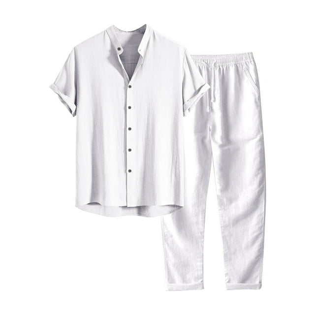 Mens Casual Solid Color Short Sleeve Turndown Collar Top with Long Pant Suit Set for Spring and Summer Seasons
