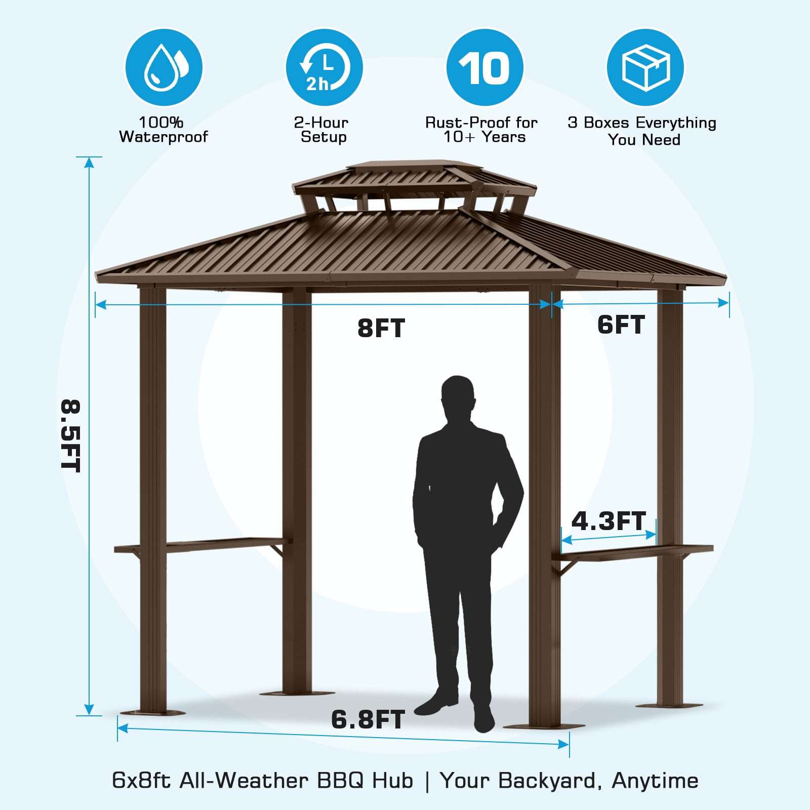 COBIZI 6’x 8’ Hardtop Aluminum Grill Gazebo with Double Roof, Outdoor BBQ Gazebo Canopy with 2 Side Shelves, Galvanized Steel Roof for Enhanced Patio, Lawn, Backyard BBQ Experience, Brown