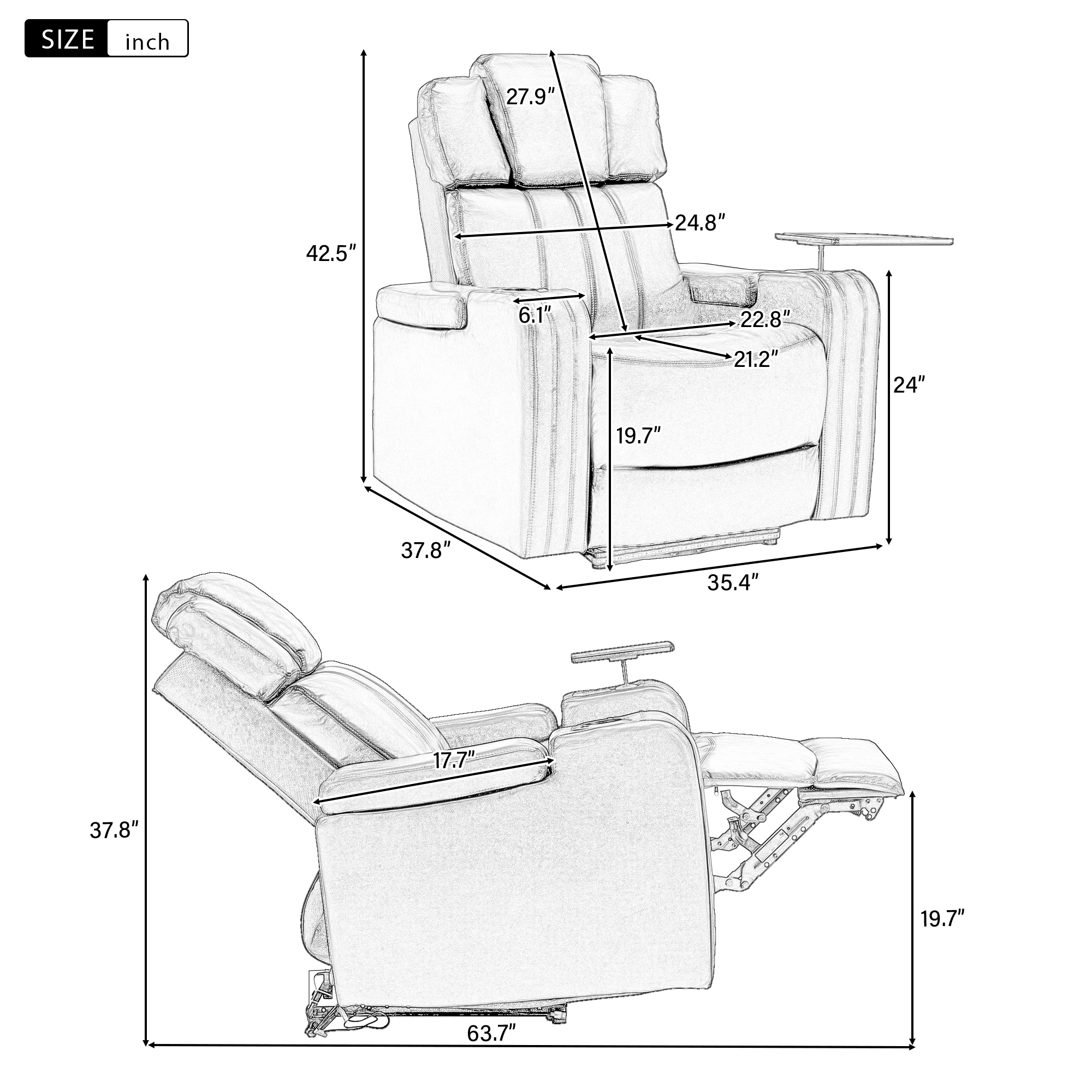 EUROCO PU Leather Home Theater Recliner,Power Recliner Adjustable Recliner with Bluetooth Speaker ,USB Ports, Tray Table, Arm Storage, footrest, Cup Holder and LED Lights, Black