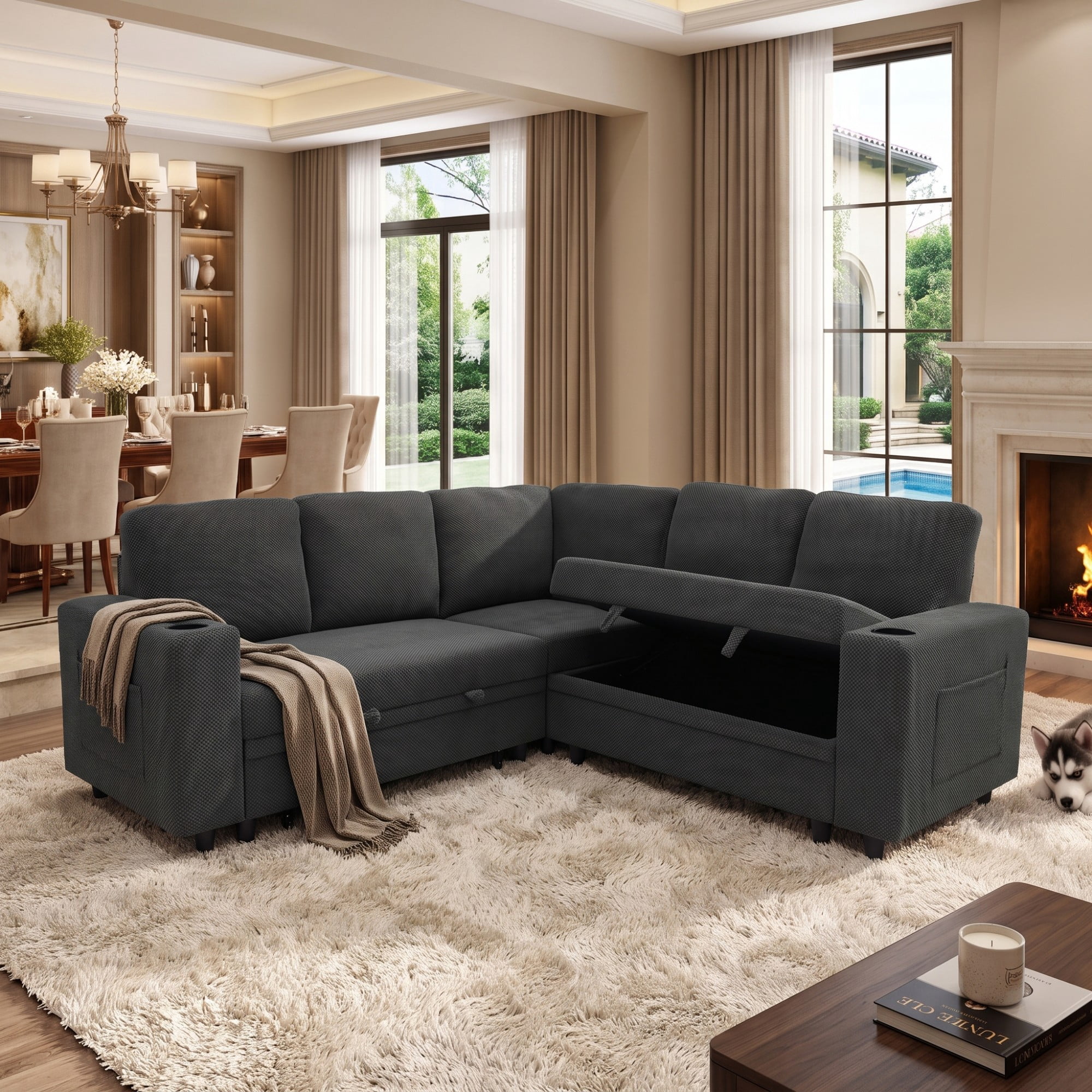 BSHTI 76.5" Polyester L-Shaped Sectional Sofa Bed with Hidden Storage, Cup Holders, Side Pockets, Pull-Out Design for Living Room(Dark Gray)
