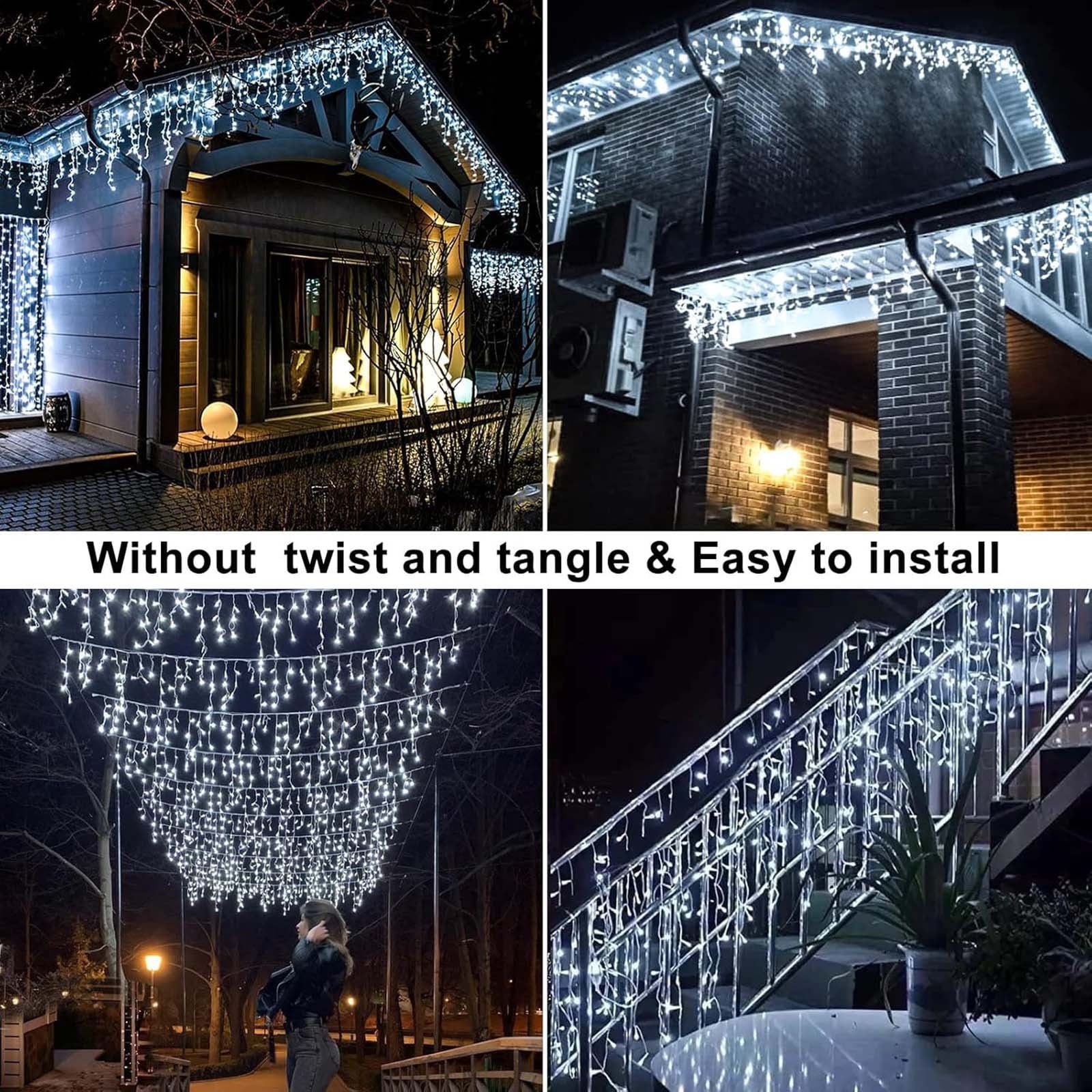 Christmas Icicle String Lights 16.4Ft 216 LED Curtain Lights Cool White Waterproof Hanging Fairy Lights for Roof Patio Balcony Tree Window Indoor Outdoor Holiday Decorations