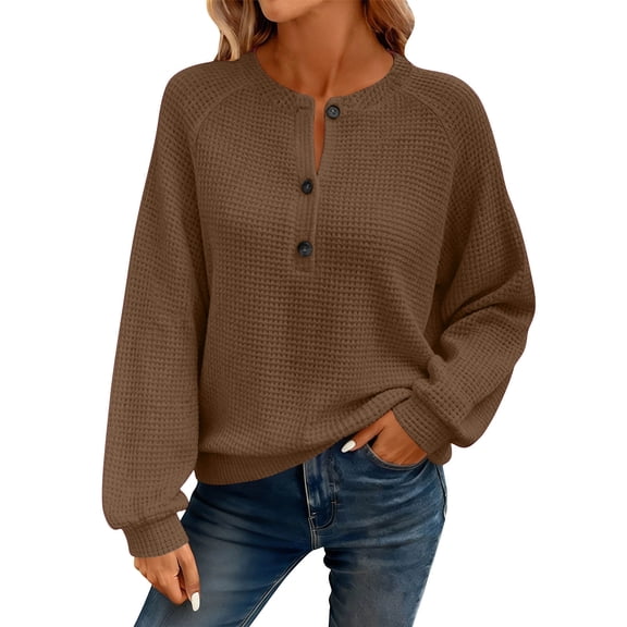 Waffle Knit Henley Shirts for Women Casual Long Sleeve Blouse Button Up Fall Fashion Soft Pullover Sweatshirts