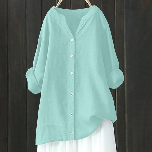 Meichang Women Linen Button Down Shirt Plus Size Long Sleeve Notch V Neck Solid Tops Dressy Casual Spring Blouses Basic Cotton Linen Tops