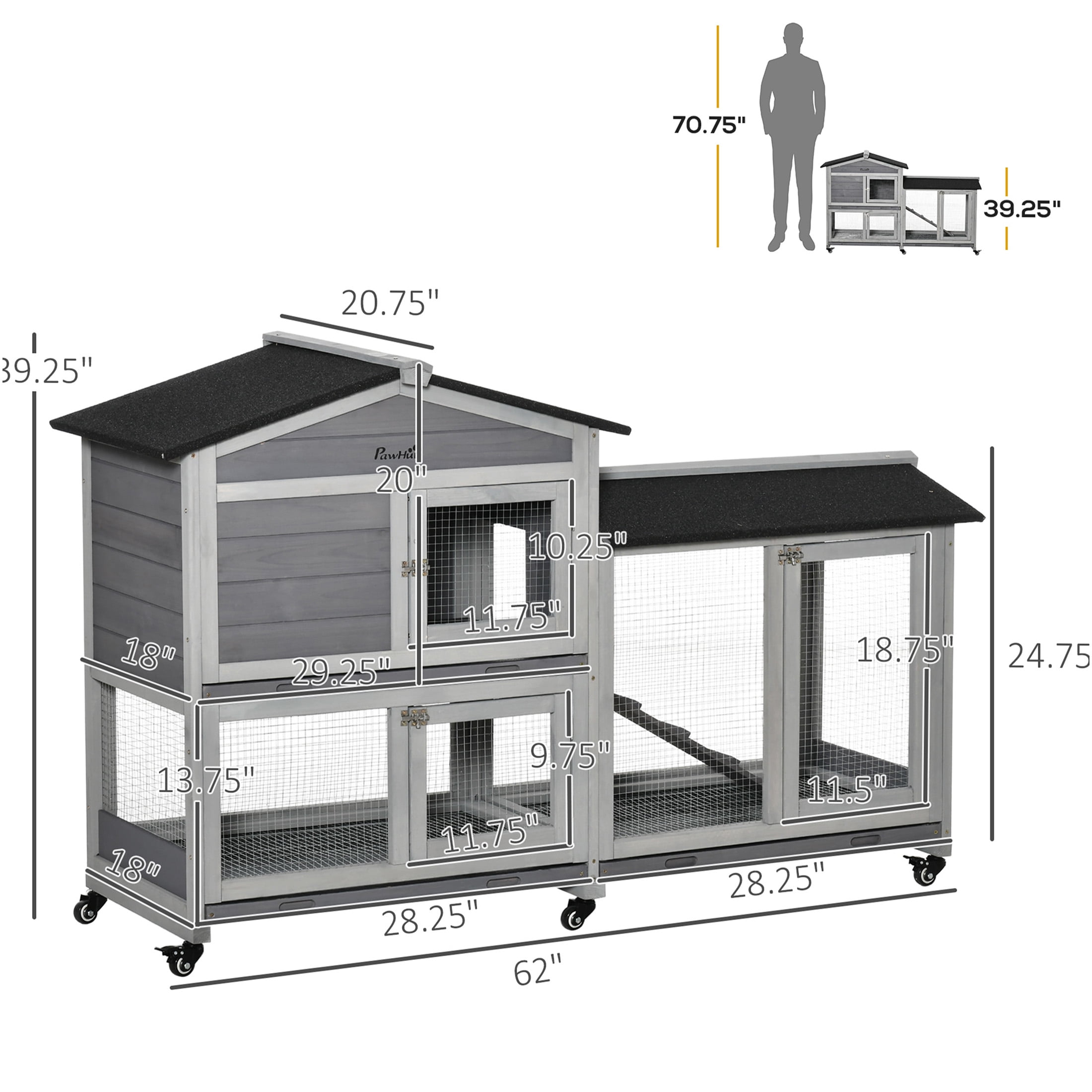 JERFIT 62 Inch Large Rabbit Hutch with Wheels, Outdoor Bunny Cage with Leak-Proof Tray, Wooden Guinea Pig House with Ramp, Playpen for Small Animals, Gray