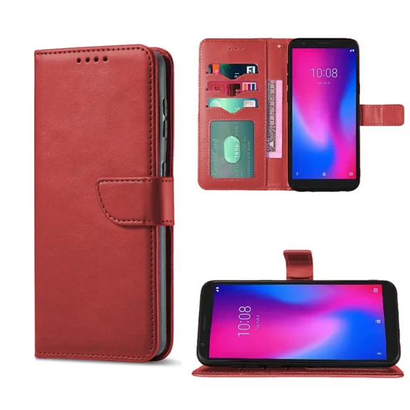 For TCL 50 XL 5G Wallet Pouch Cover Phone Case   Tempered Glass - EM Red