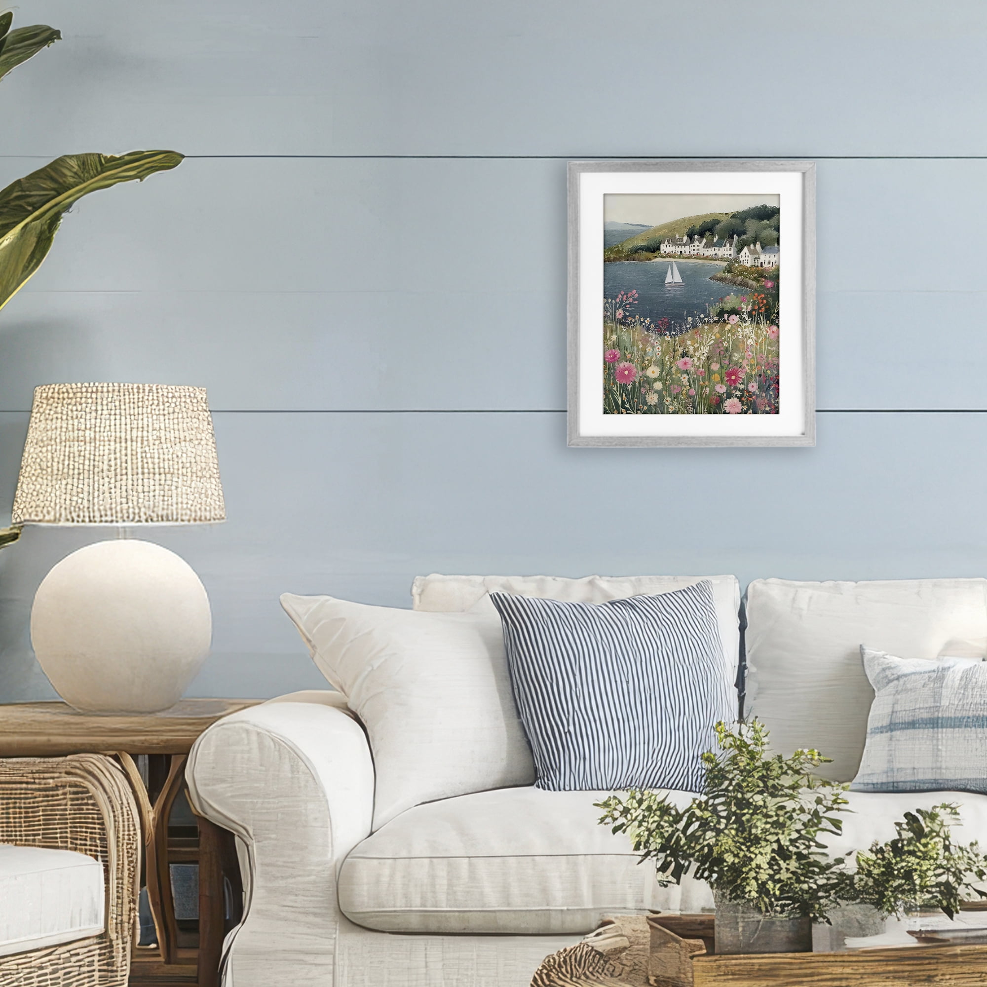 Stupell Industries Clifftop Meadow & Sailboat Gray Framed Print Under Glass, design by Riley B