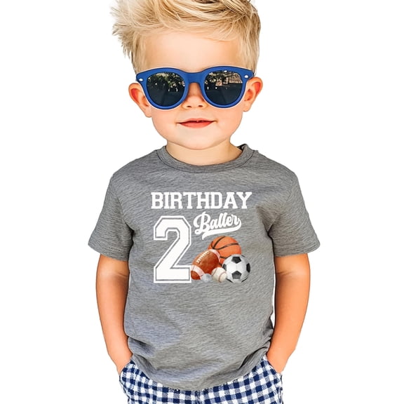2nd Birthday Baller Shirt for Boys Sports Theme Party T-Shirt for 2 Year Old Toddler Granite Heather Shirt 3T